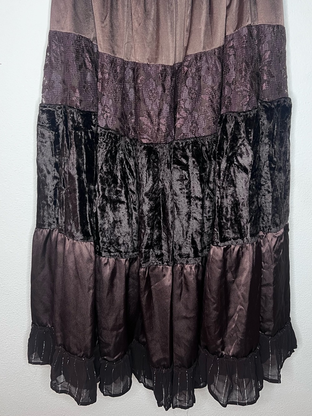 Veranesi Tiered Velvet, Satin and Lace Skirt in Brown-111